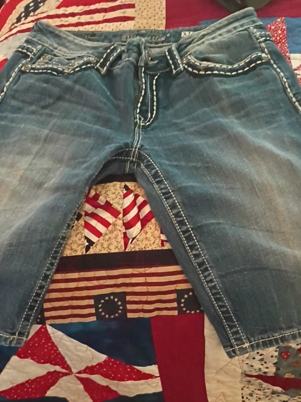 Miss Me Blue Distressed Denim Jeans with White Stitching